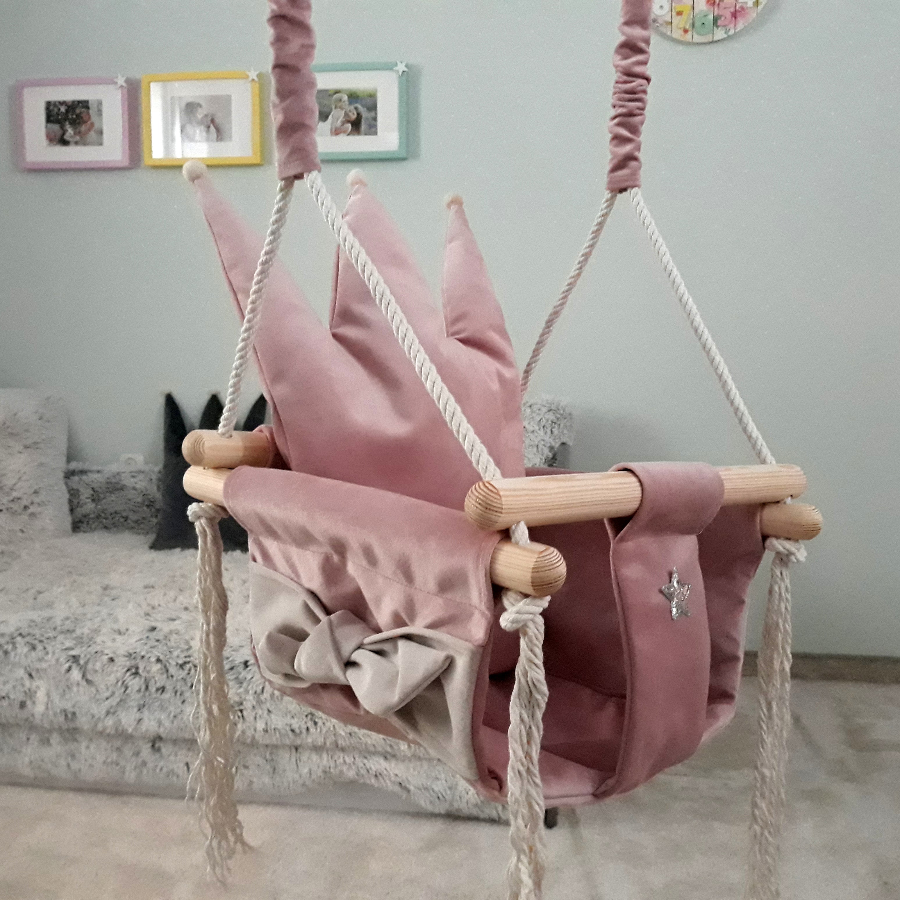 Dusty Pink Crown Cushion Wooden Baby Swing - ZAR Design Home Collection