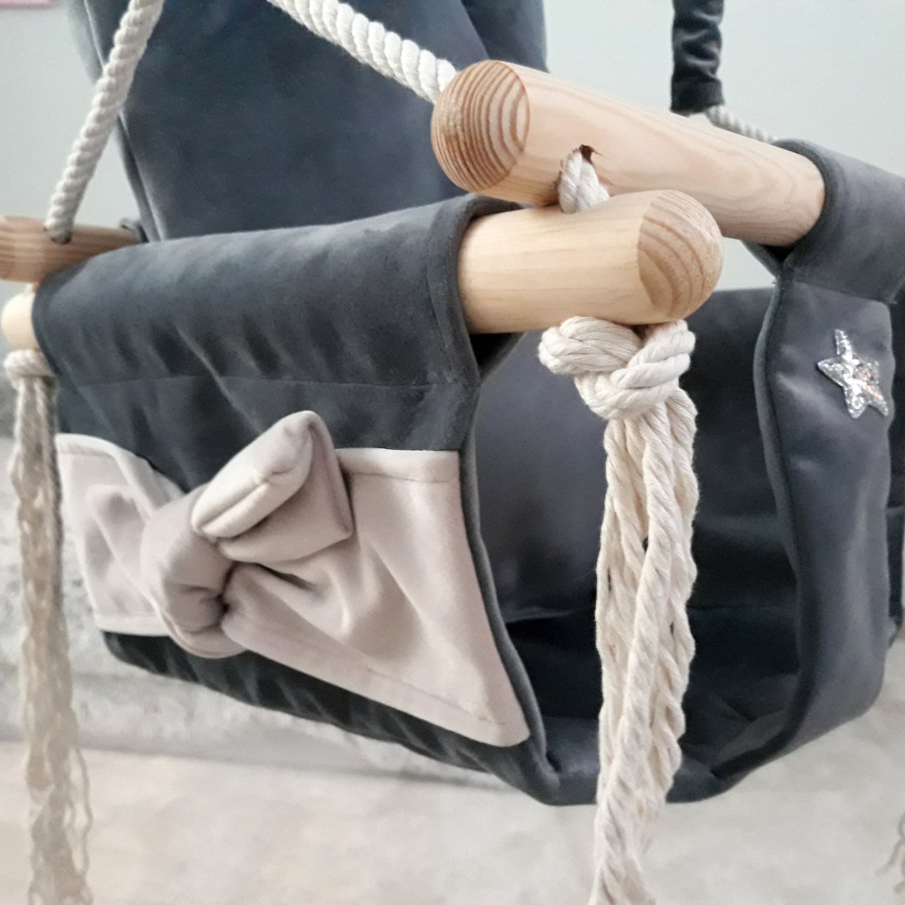 Grey Crown Cushion Wooden Baby Swing Indoor - ZAR Design Home Collection