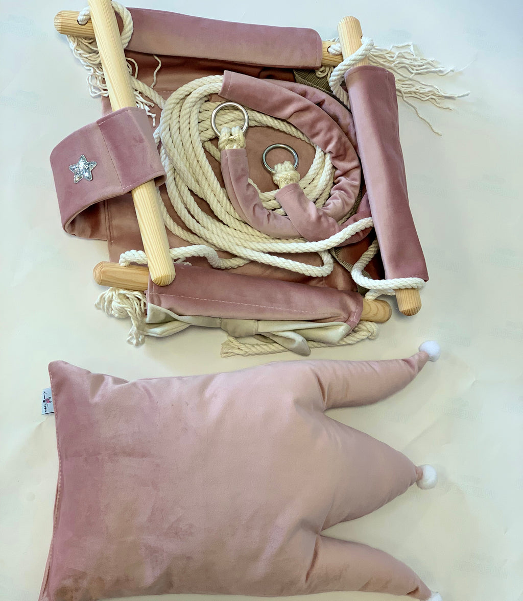 Dusty Pink Crown Cushion Wooden Baby Swing - ZAR Design Home Collection