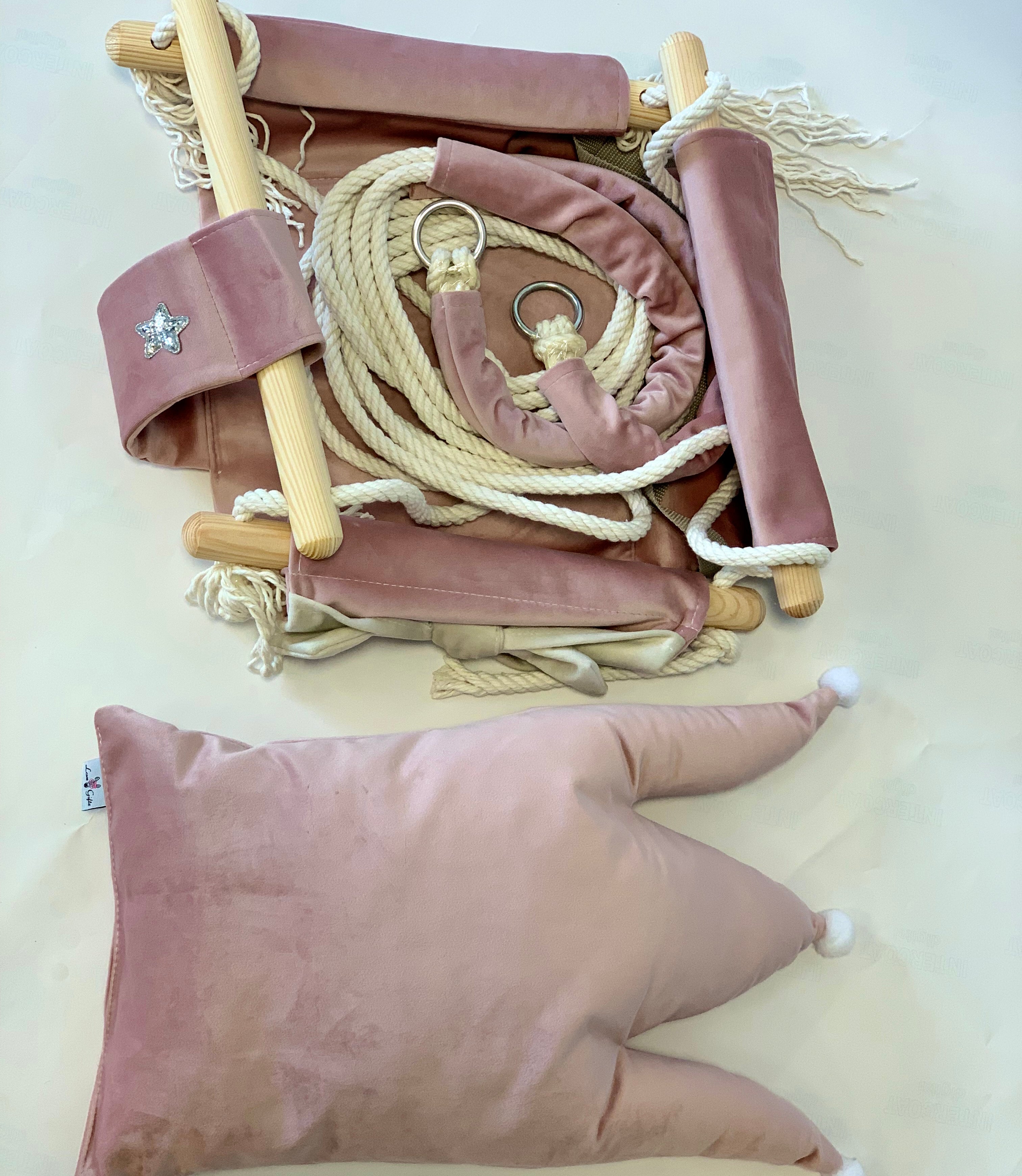 Dusty Pink Crown Cushion Wooden Baby Swing - ZAR Design Home Collection