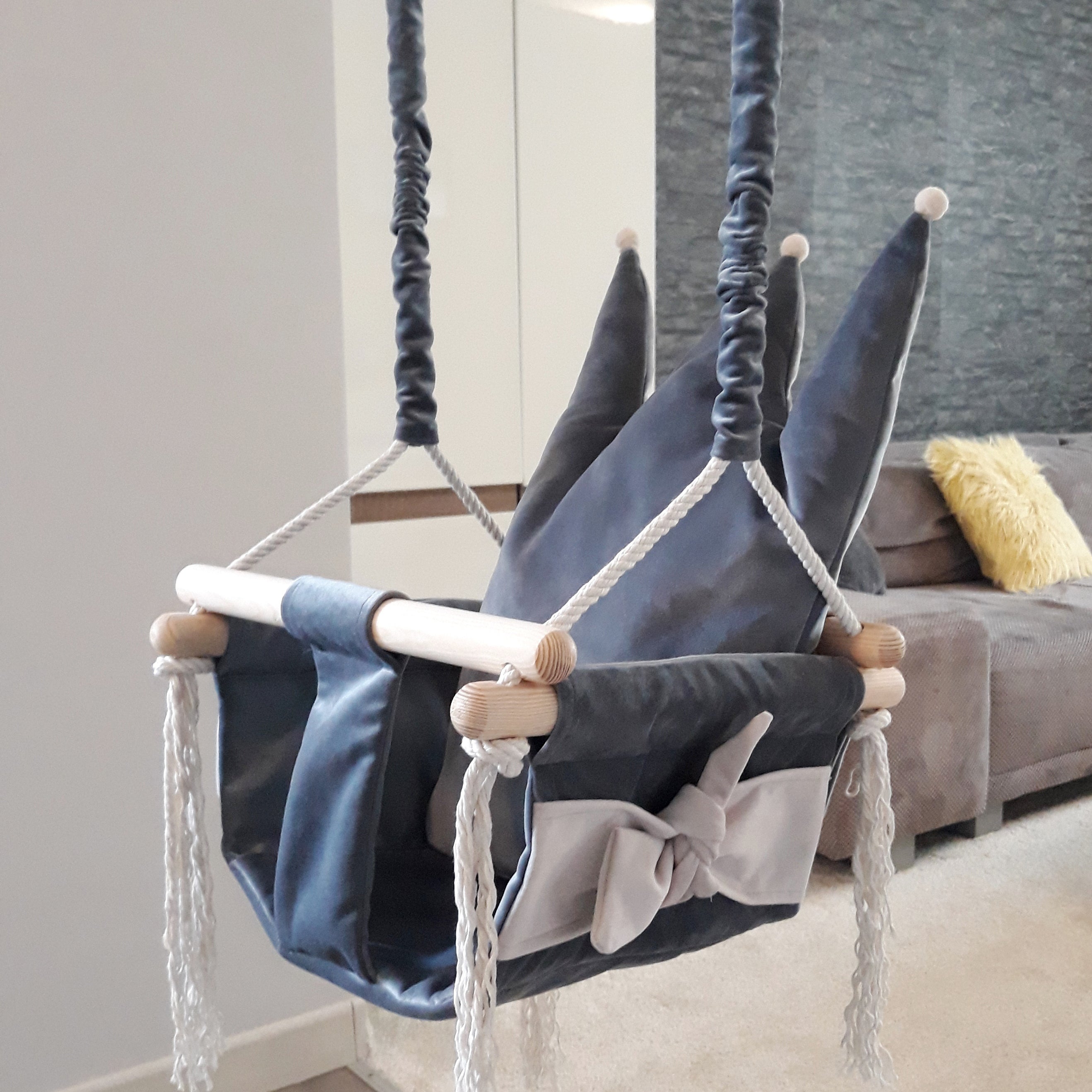 Grey Crown Cushion Wooden Baby Swing Indoor - ZAR Design Home Collection
